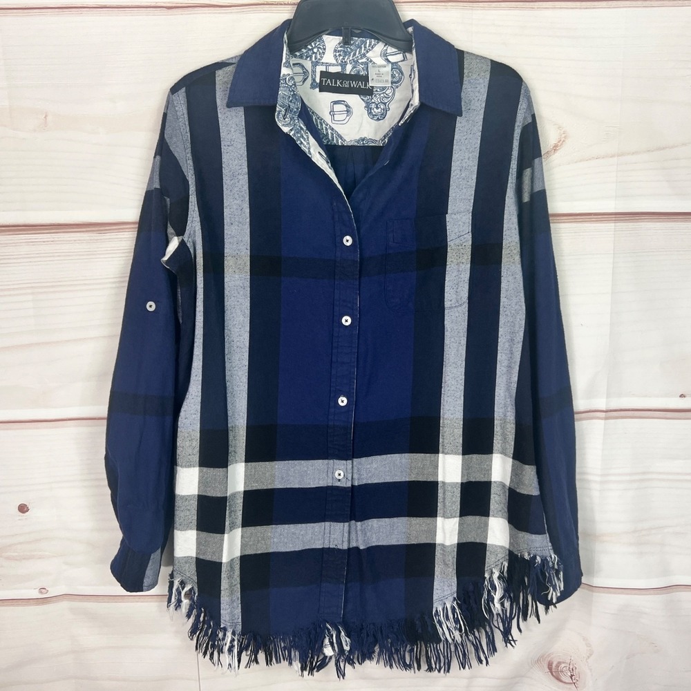 Talk of The Walk Top Womens Large Blue Plaid Shirt Flannel Cotton Fringe Trim